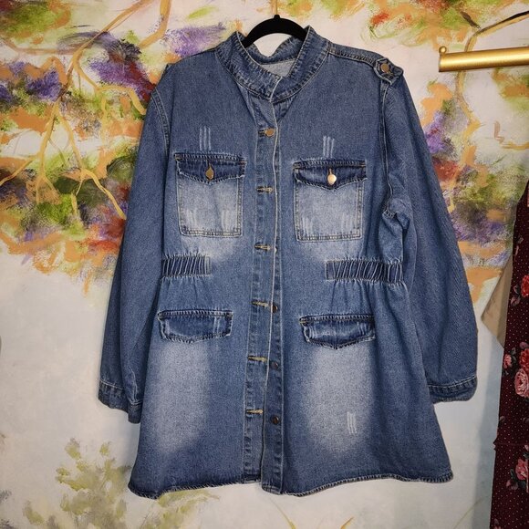 Denim Distressed Vintage Inspired Jacket & Shoulder Epaulet Button Front - Picture 1 of 7